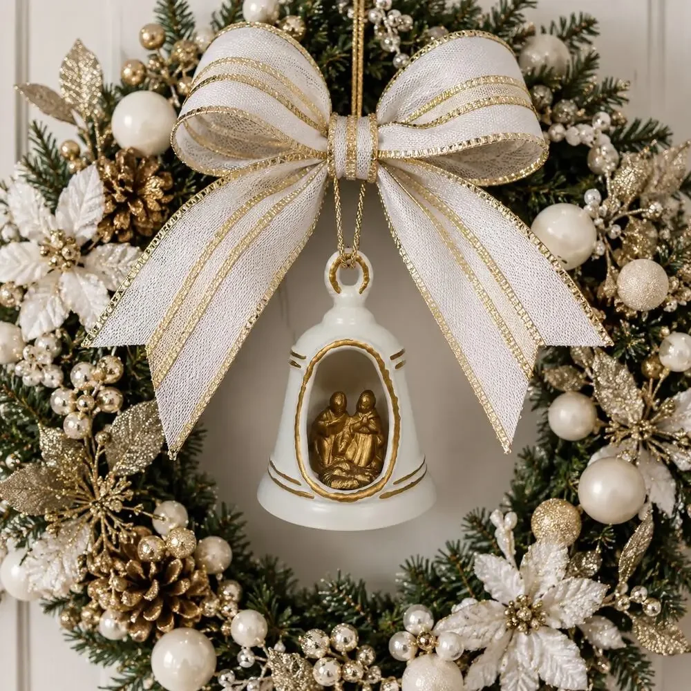 🔔⛪Vintage White Gold Nativity Bell Ornament 👼🏾👼🏼Baby Jesus Christmas Decor